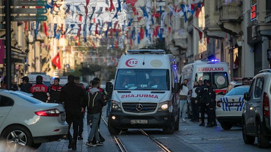Security and ambulances at the scene of the explosion.