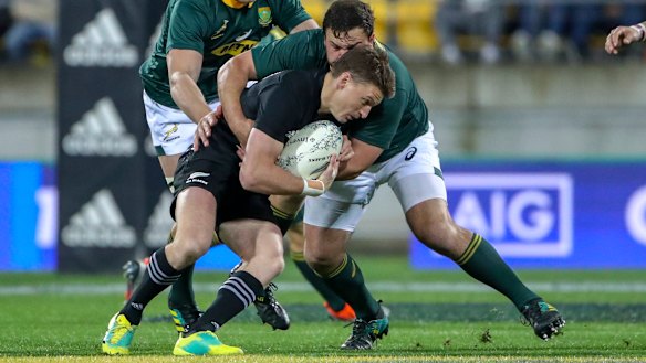 Wrapped up: All Blacks No.10 Beauden Barrett was shackled effectively by the Springboks.