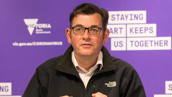 Premier Daniel Andrews in his North Face jacket on Monday. 
