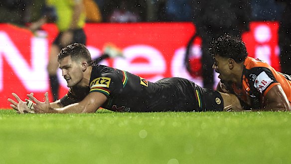 Nathan Cleary spills the ball after Jahream Bula’s try-saving tackle in round nine.