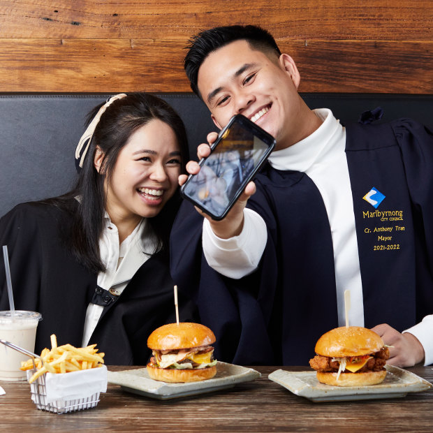Jasmine Nguyen and Anthony Tran at the Found 401 burger cafe in Sunshine, in Nguyen’s western Melbourne electorate. “It helps to have someone you know to go through all the emotions with you,” says Tran.