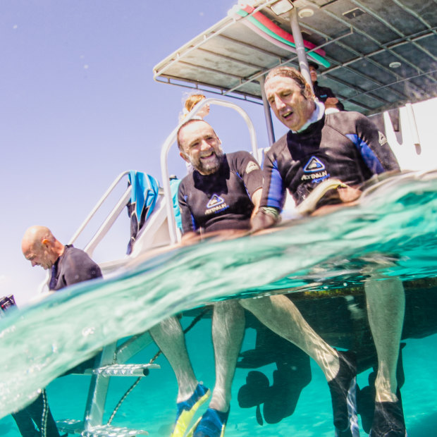 From left: cinematographer Rick Rifici, director Robert Connolly and Tim Winton on location at Ningaloo Reef, where most of the underwater work for Blueback was filmed. 