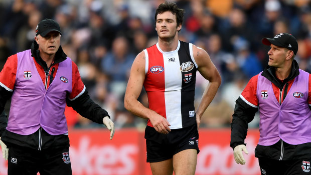 Dylan Roberton leaves the field on Sunday.