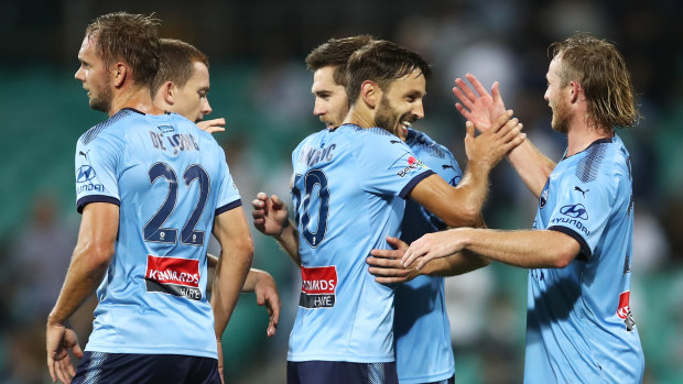 Star turn: Milos Ninkovic soaks in the plaudits after scoring against Melbourne Victory.
