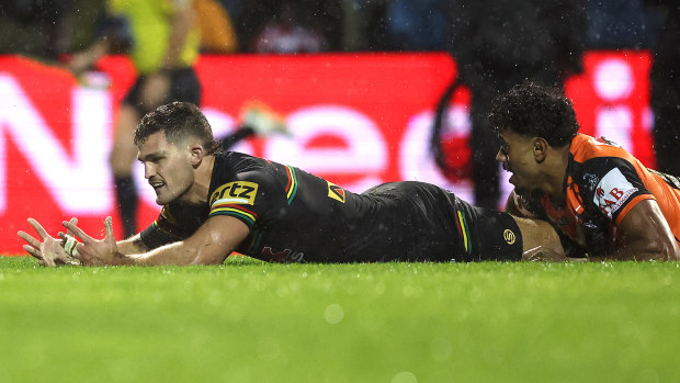 Nathan Cleary spills the ball after Jahream Bula’s try-saving tackle in round nine.
