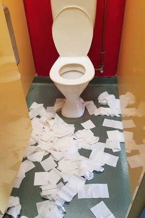 A messy toilet cubicle at a Victorian school.