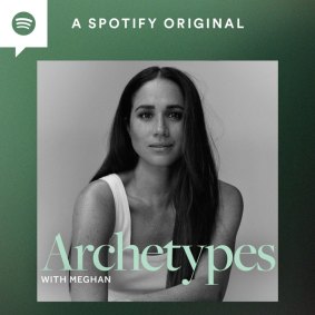 Meghan, Duchess of Sussex, wearing a white tank top to promote her Spotify podcast 