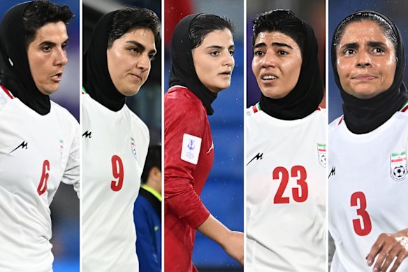 Iranian soccer players (L-R) Zahra Sarbali, Zahra Ghanbari, Fatemeh Pasandideh, Mona Hamoudi and Atefeh Ramezanizadeh who are seeking asylum in Australia. 