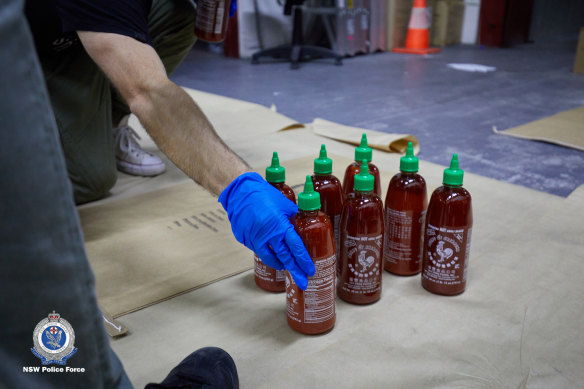 About 400kg of ice was suspended inside bottles of Sriracha chilli sauce.