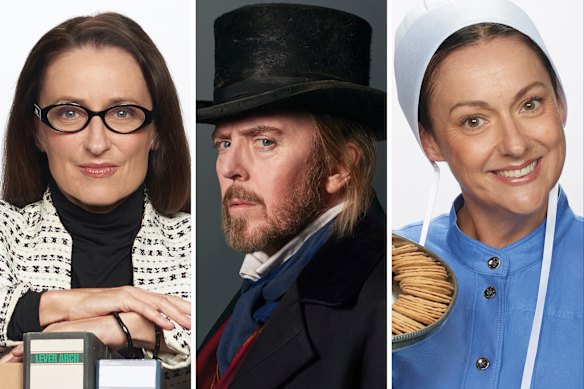 Goergie Parker as Jenny Hocking, Tim Minchin as Ebenezer Scrooge and Celeste Barber as Sister Elizabeth Donderstock.