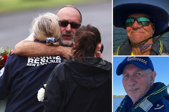 Ballina locals pay their respects outside the Marine Rescue Centre in Ballina after two rescuers - Frank Petsch, 62, and Bill Ewen, 78, died while trying to save a stricken yachtsman.