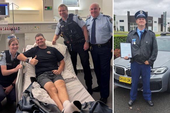 Patterson with colleagues in hospital after surgery, and (right) after being recognised for his work combating illicit tobacco in the Riverina.