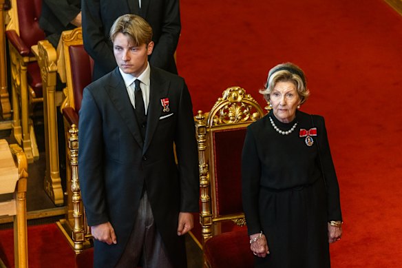 Prince Sverre Magnus, left, and Queen Sonja at the Oath Of Allegiance Ceremony.
