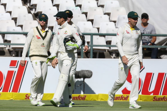 Tim Paine and Steve Smith taking to the field during the 2018 Cape Town Test.