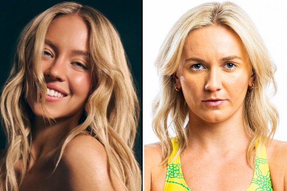 Sydney Sweeney (left) poses for her controversial Novig ad, which Olympian Ariarne Titmus has criticised.