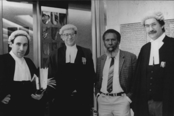 Solicitor Greg McIntyre, barrister Ron Castan, Eddie Mabo and barrister Bryan Keon-Cohen at the High Court of Australia 1991. From the film Mabo: Life of An Island Man .