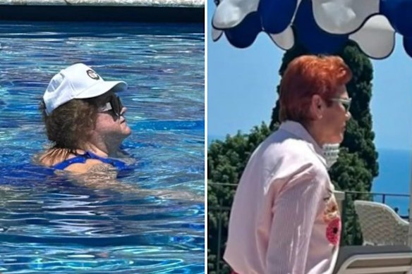 Gina Rinehart (left) and Hanson at a resort in Sicily earlier this month.