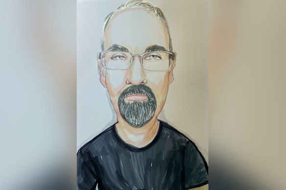 A court sketch of Snowtown killer James Vlassakis.