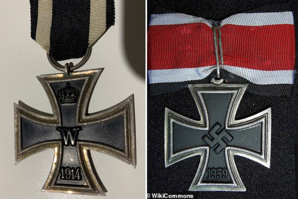A World War One Iron Cross of the kind worn as a talisman by one of the witnesses, (left), compared to the one published on the Daily Mail website’s story on the subject (right).