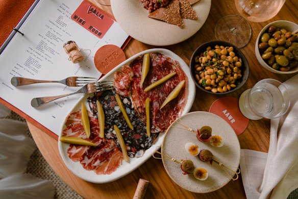 Charcuterie plate, charred lupini and gildas. 