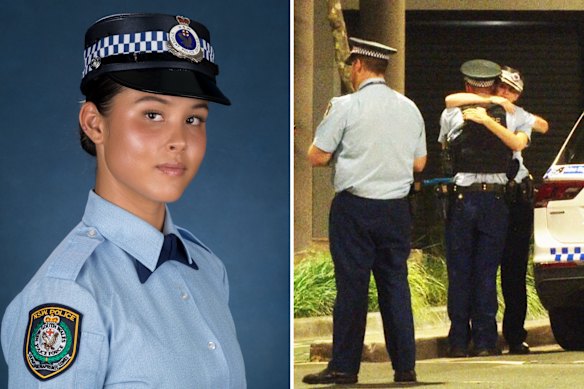 Officers console each other after the death of Constable Mia Lay.