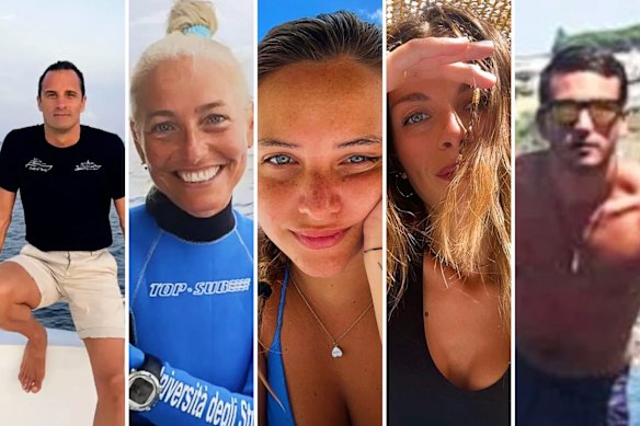 Da sinistra: Gianluca Benedetti, Monica Montefalcone, Giorgia Sommacal, Muriel Oddenino e Federico Gualtieri sono morti durante un'immersione alle Maldive.