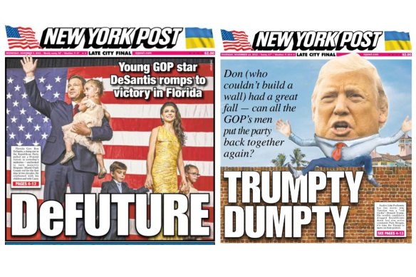 The front pages of the New York Post from November 9 and November 10.