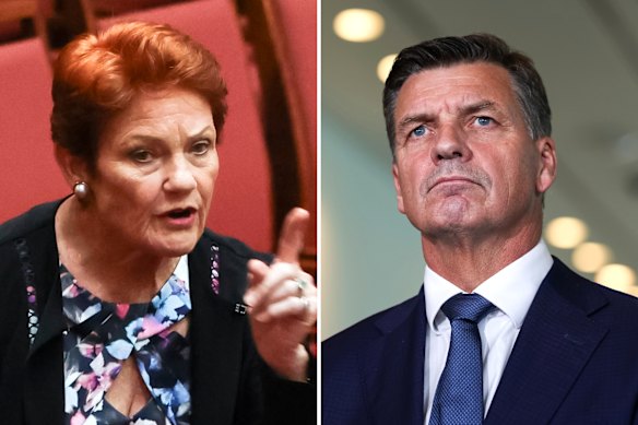 Pauline Hanson and Angus Taylor.
