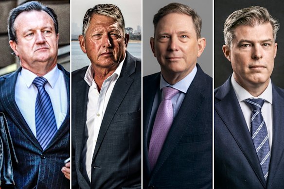 From left: Phillip Bradley, former NSW crime commissioner; Peter De Santo, former head of Victoria’s Echo anti-bikie taskforce; Peter Singleton, a former assistant commissioner and commissioner of the NSW Crime Commission; and ex-federal police official and former senior IBAC lawyer Tam McLaughlin.