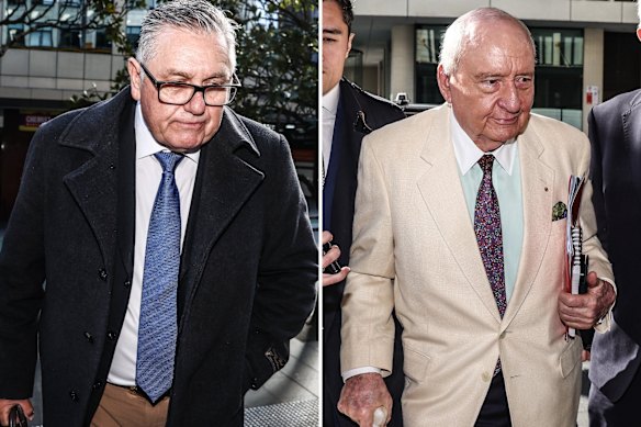 Ray Hadley and Alan Jones outside the Downing Centre Local Court on Wednesday.