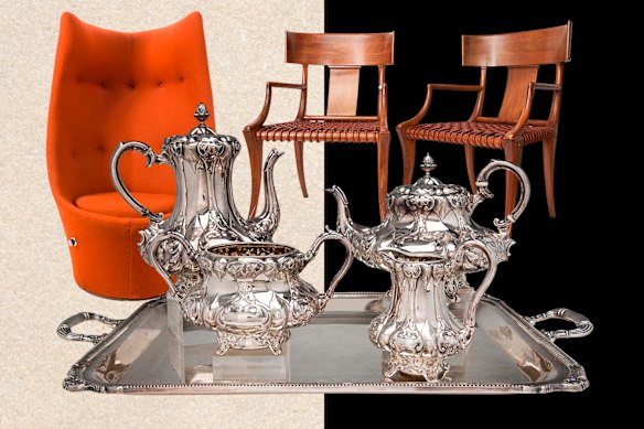 The Featherston “talking chair”, a silver tea service, and T.H. Robsjohn-Gibbings’ Klismos Chairs.