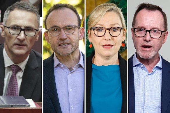 Former Greens leaders (left to right): Richard Di Natale, Adam Bandt and Larissa Waters, as well as current leader David Shoebridge (pictured right).