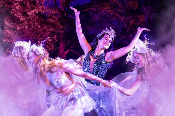 The stage gives a lot of echoing space to the natural surrounds of Centennial Park in the Australian Shakespeare Company’s production of A Midsummer Night’s Dream.