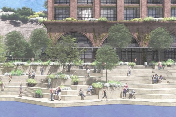 The latest plans for Howard Smith Wharves include landscaped stairs and an amphitheatre down to the waterline.