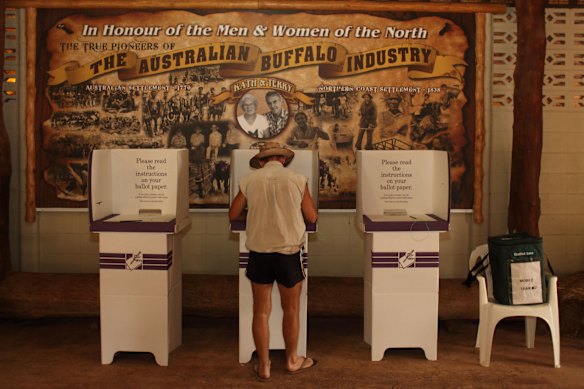 A man votes at The Annaburroo Bark Hut on the Arnhem Highway in the Northern Territory seat of Lingiari, one of Australia’s largest.