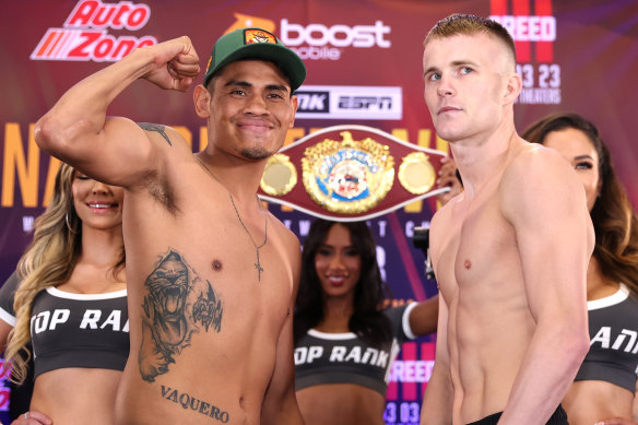 Australian boxer Liam Wilson (right) and Mexican Emanuel Navarrete pose after their controversial weigh-in in Phoenix.