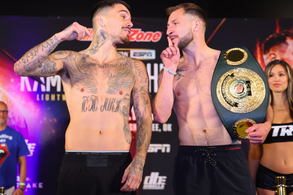 George Kambosos jnr (left) and Maxi Hughes at the weigh-in before their bout.