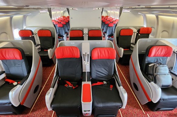 The cabins have a jaunty red colour scheme.
