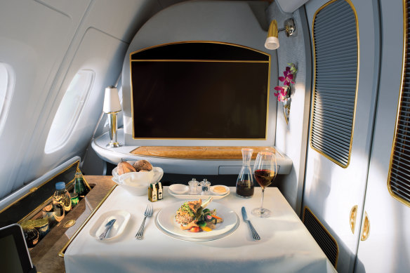 First-class Emirates passengers can drink Chevalier Montrachet grand cru from Bouchard Pere et Fils, which the airline purchased 10 years ago.