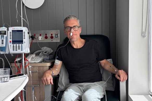 Simon Castles during his treatment for stage 3 bowel cancer, which was detected through a test at home.