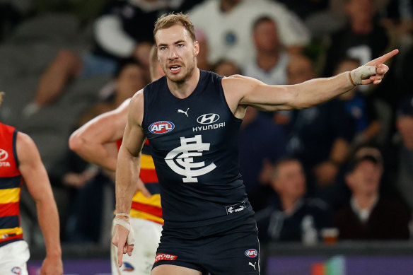 Harry McKay celebrates a goal against the Crows in round eight. 