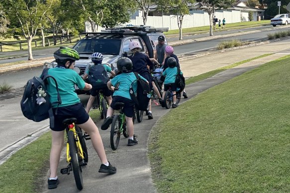 The Eatons Hill bike bus keeps to the footpath for safety, whereas Sam Balto’s bike bus in Portland in the US uses neighbourhood greenways, with slower speed limits and speed bumps that are preferred routes for cycling and walking.