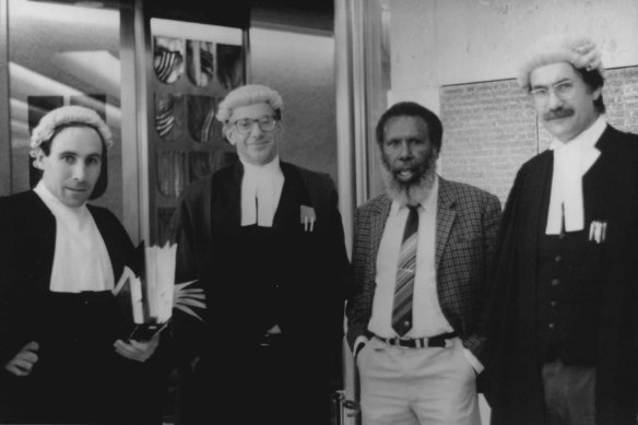 The Mabo legal team; solicitor Greg McIntyre, barrister Ron Castan, Eddie Koiki Mabo and barrister Bryan Keon-Cohen at the High Court of Australia 1991.
