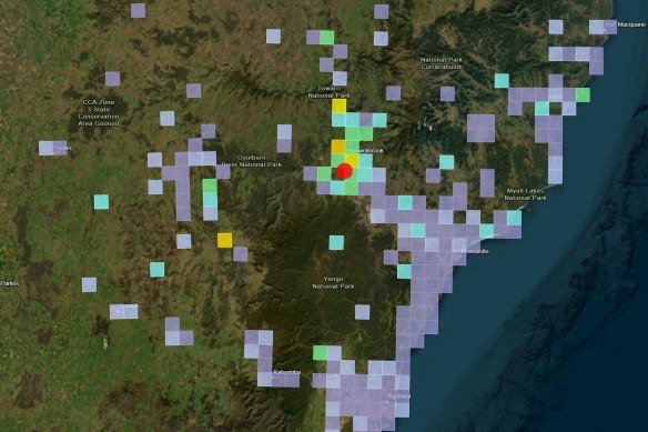 A Geoscience Australia map showing the location of people who reported feeling tremors from the Muswellbrook quake.