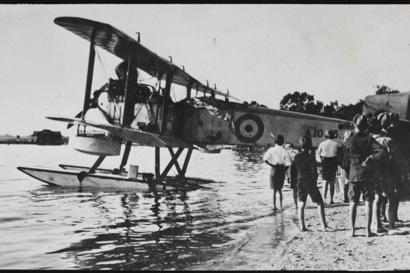 The Fairey IIID seaplane flown by Ivor McIntyre and Stanley “Jimmy” Goble on the Swan River in WA during its record-breaking round-Australia flight in May 1924.