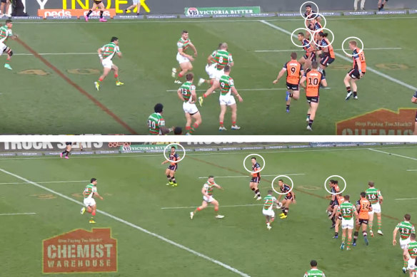The Wests Tigers defence last year was caught out retreating too often, including this match against South Sydney in round 16.