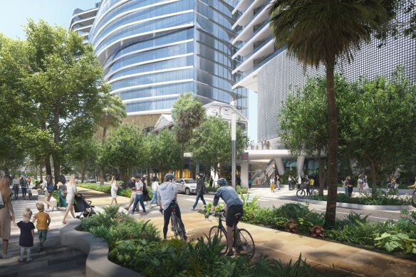 An artist’s impression of a bikeway proposed for Grey Street at South Brisbane, part of the South Bank precinct.