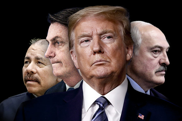 The author argues US President Donald Trump has joined the "Ostrich Alliance" by comparing him to, from left, Nicaragua's Daniel Ortega, Brazil's Jair Bolsonaro, and Belarussian Alexander Lukashenko.