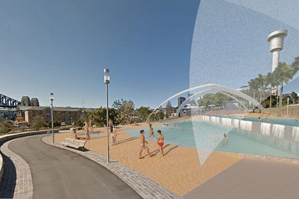 An artist’s impression of one of the network of lagoon-style pools proposed as part of Sydney lord mayoral candidate Yvonne Weldon’s “urban billabongs” concept.