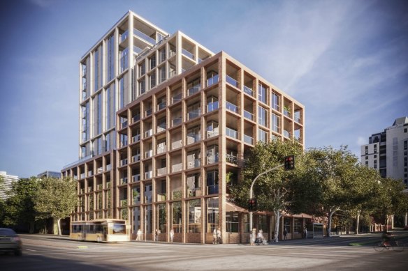 Artists impression of a development on the former Cancer Council building at the corner of Rathdowne and Victoria Streets in Carlton.